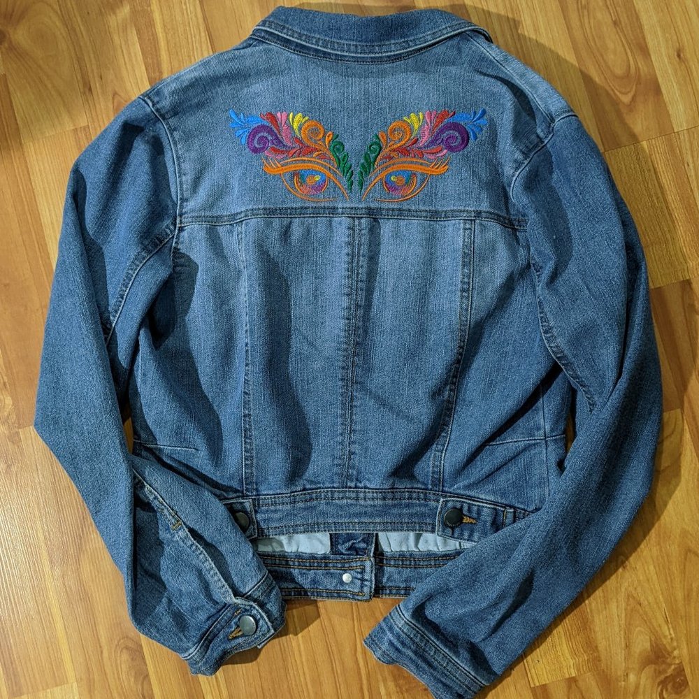 Makeup/Mardi Gras embroidered eyes on denim